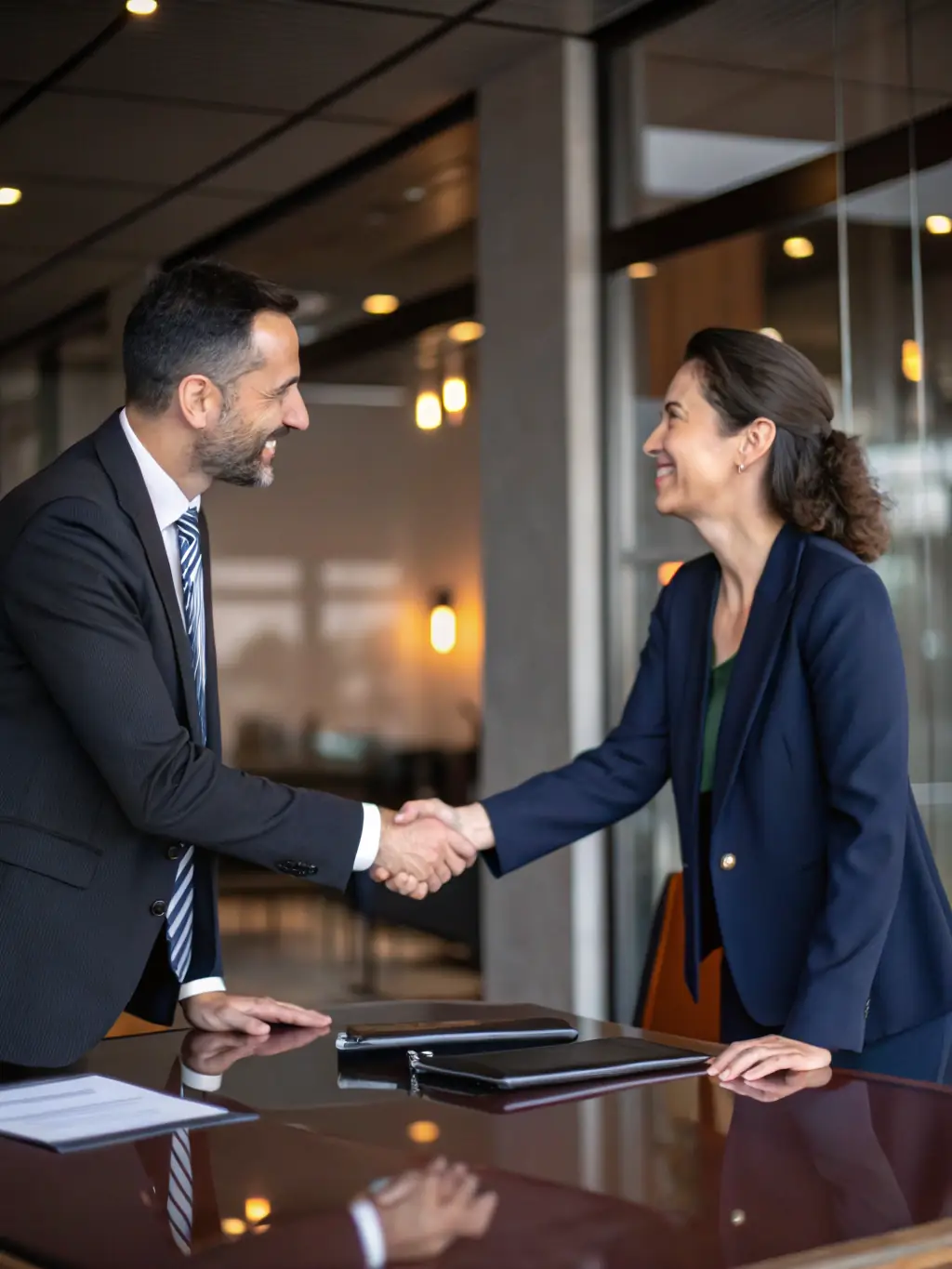 An image showing two professionals shaking hands over a table in a modern office setting, representing business mediation.