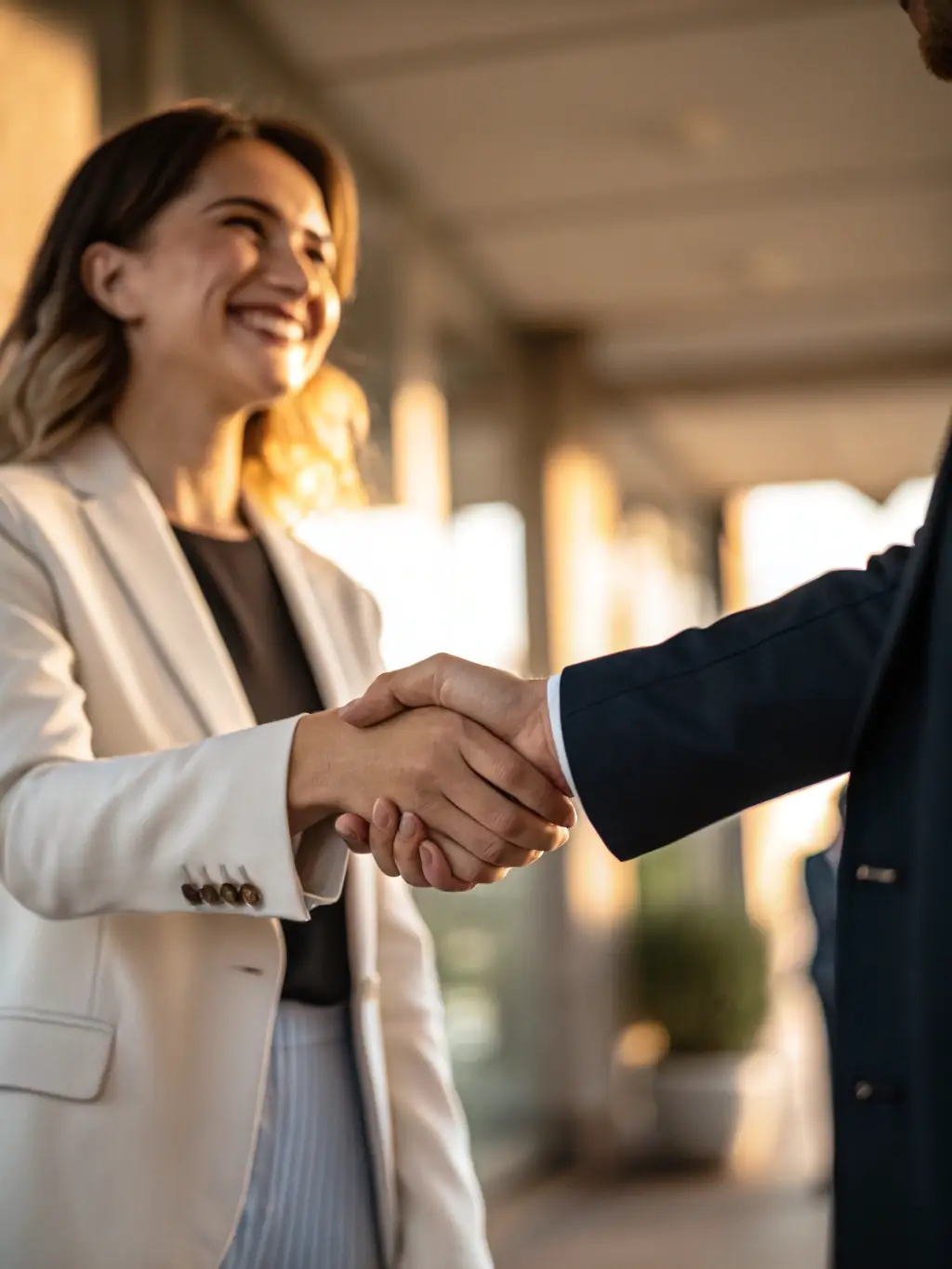 Two hands shaking over a table during a mediation session, symbolizing agreement and mutual understanding. The background is blurred to keep the focus on the handshake.