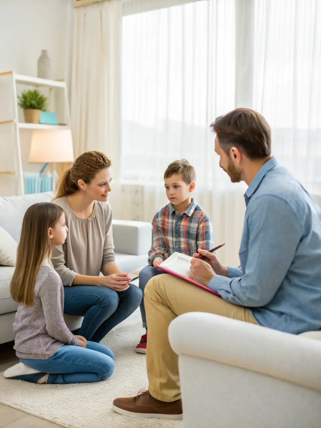 A mediator helping a family with divorce and child custody issues, in a softly lit room, creating a safe and supportive environment.