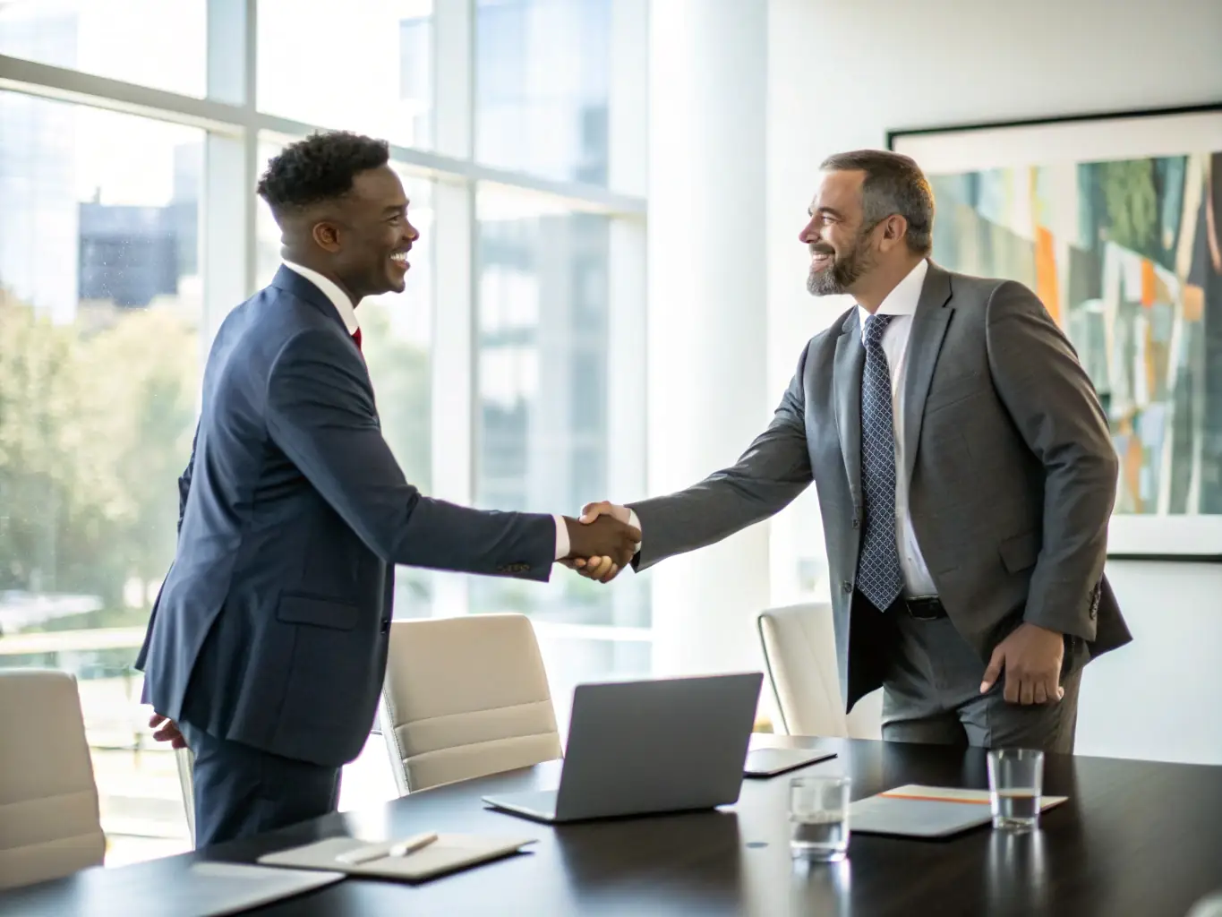 Two people shaking hands after a successful mediation session, symbolizing agreement and resolution in a neutral and professional environment.