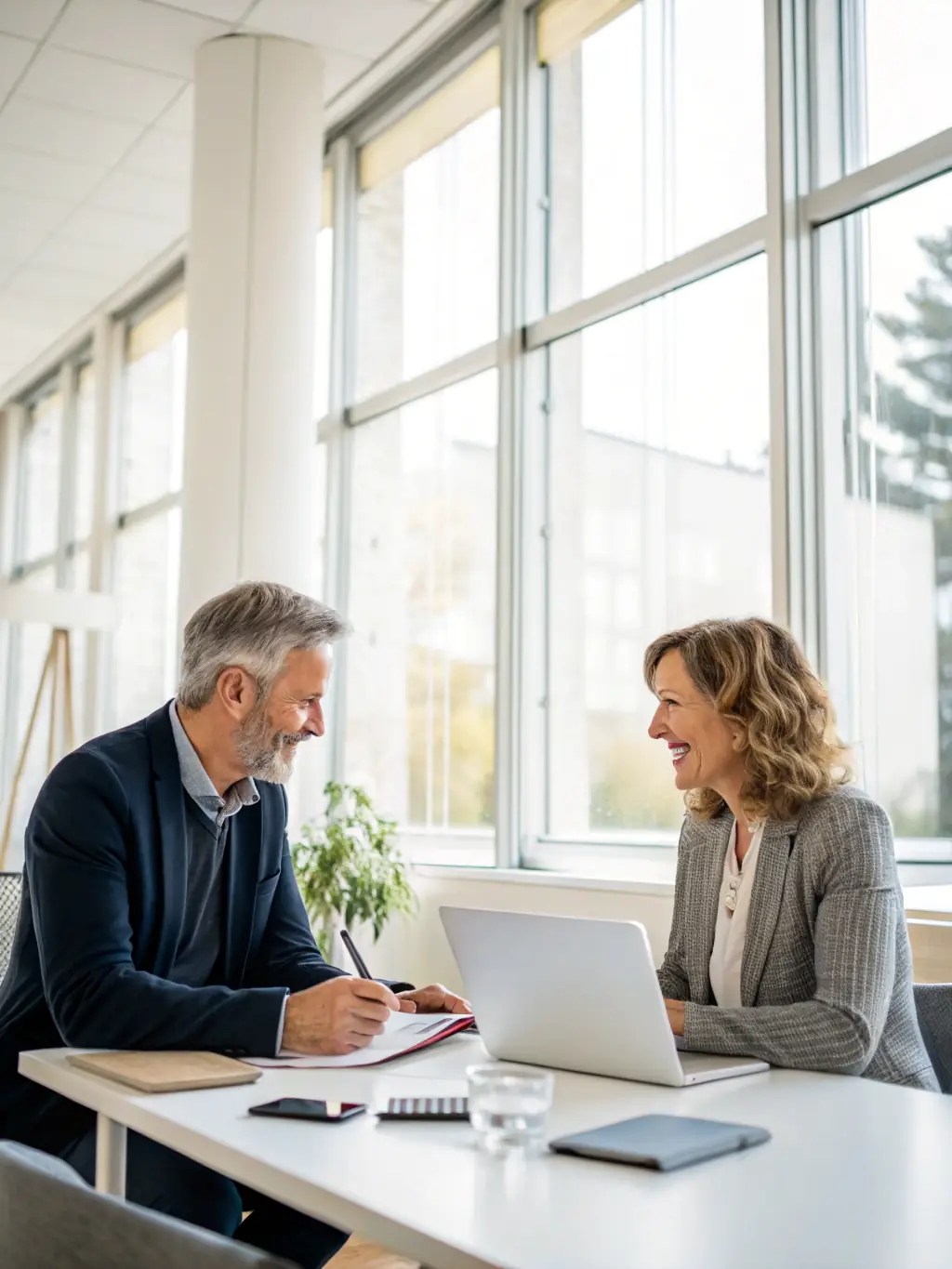 A professional office setting with two colleagues in a mediation session, discussing work-related conflicts with a mediator present, emphasizing fairness and resolution.