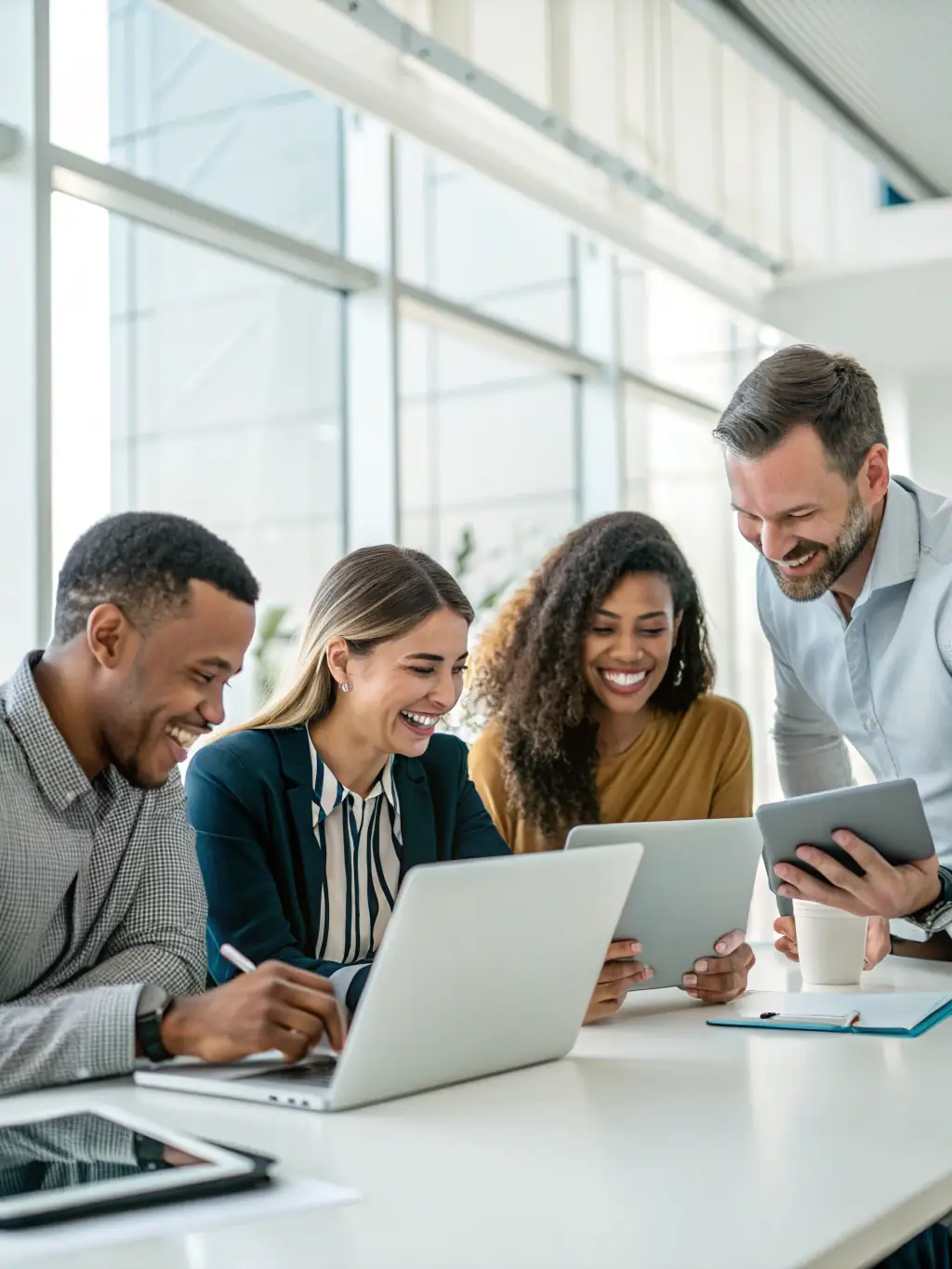 A diverse group of people sitting around a table, engaged in a calm and productive discussion, facilitated by a mediator. The atmosphere is collaborative and positive, symbolizing effective communication.