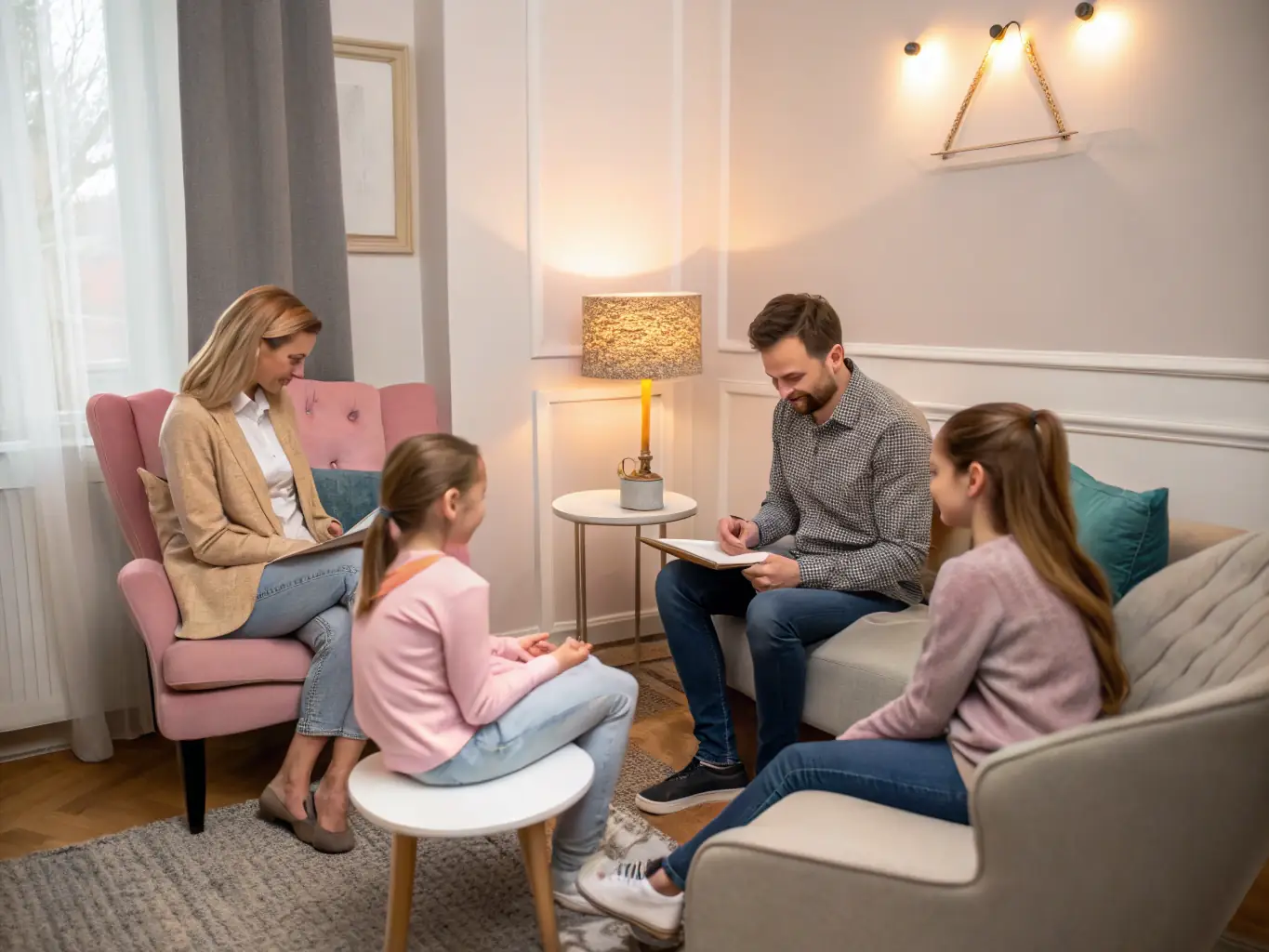 A serene image depicting a family sitting together at a table, engaged in a calm and productive discussion, facilitated by a mediator in a bright, neutral room. The scene conveys peace, understanding, and resolution.