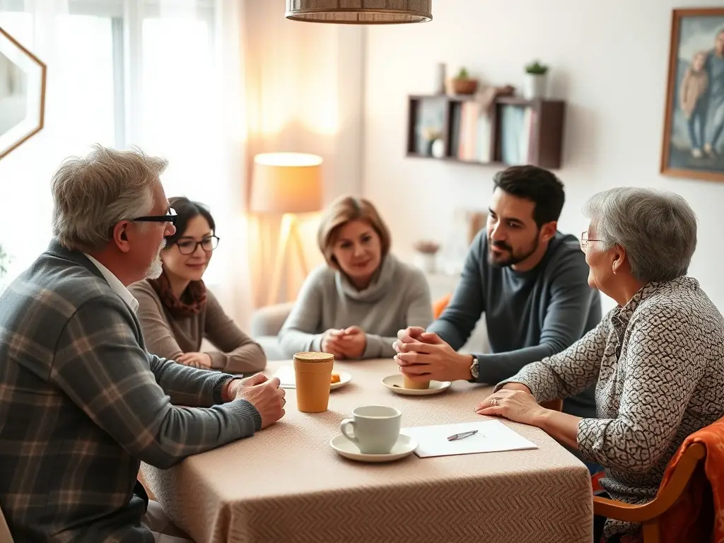 An image depicting a family sitting around a table, engaged in a calm and productive mediation session with a mediator present, in a bright and comfortable room. The scene conveys a sense of understanding and resolution.