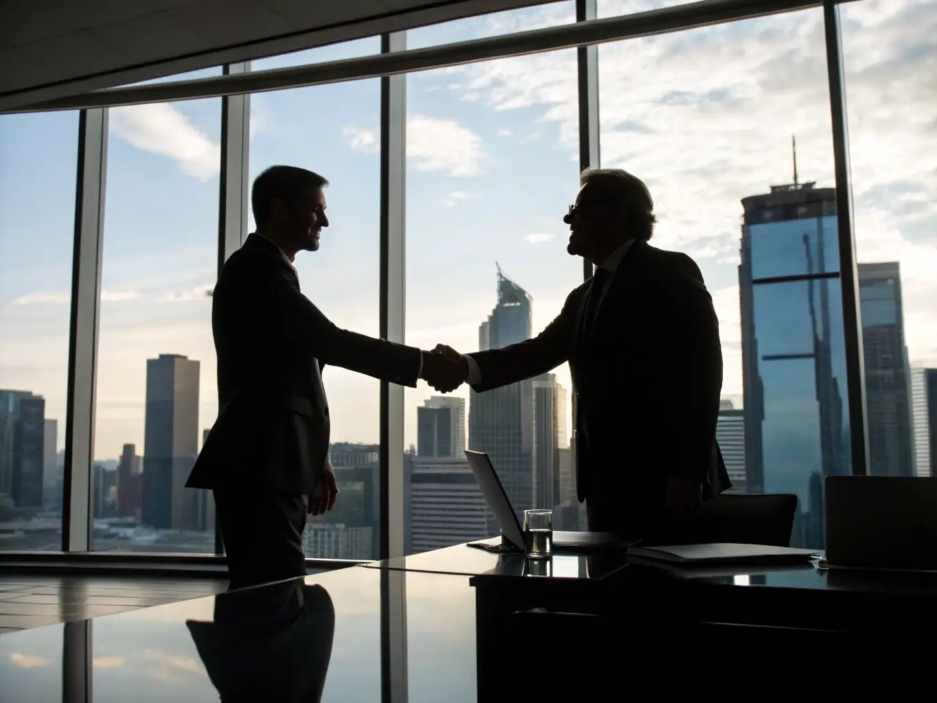 Two professionals in a modern office setting, shaking hands after a successful mediation session, with the mediator smiling in the background.