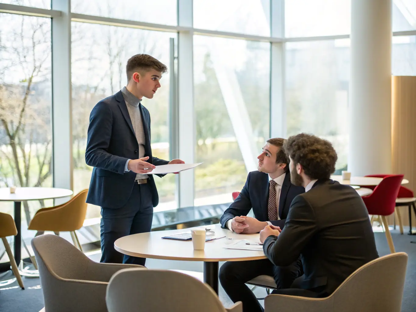 A mediator facilitating a discussion between two individuals at a table, emphasizing active listening and understanding in a bright, modern office setting.
