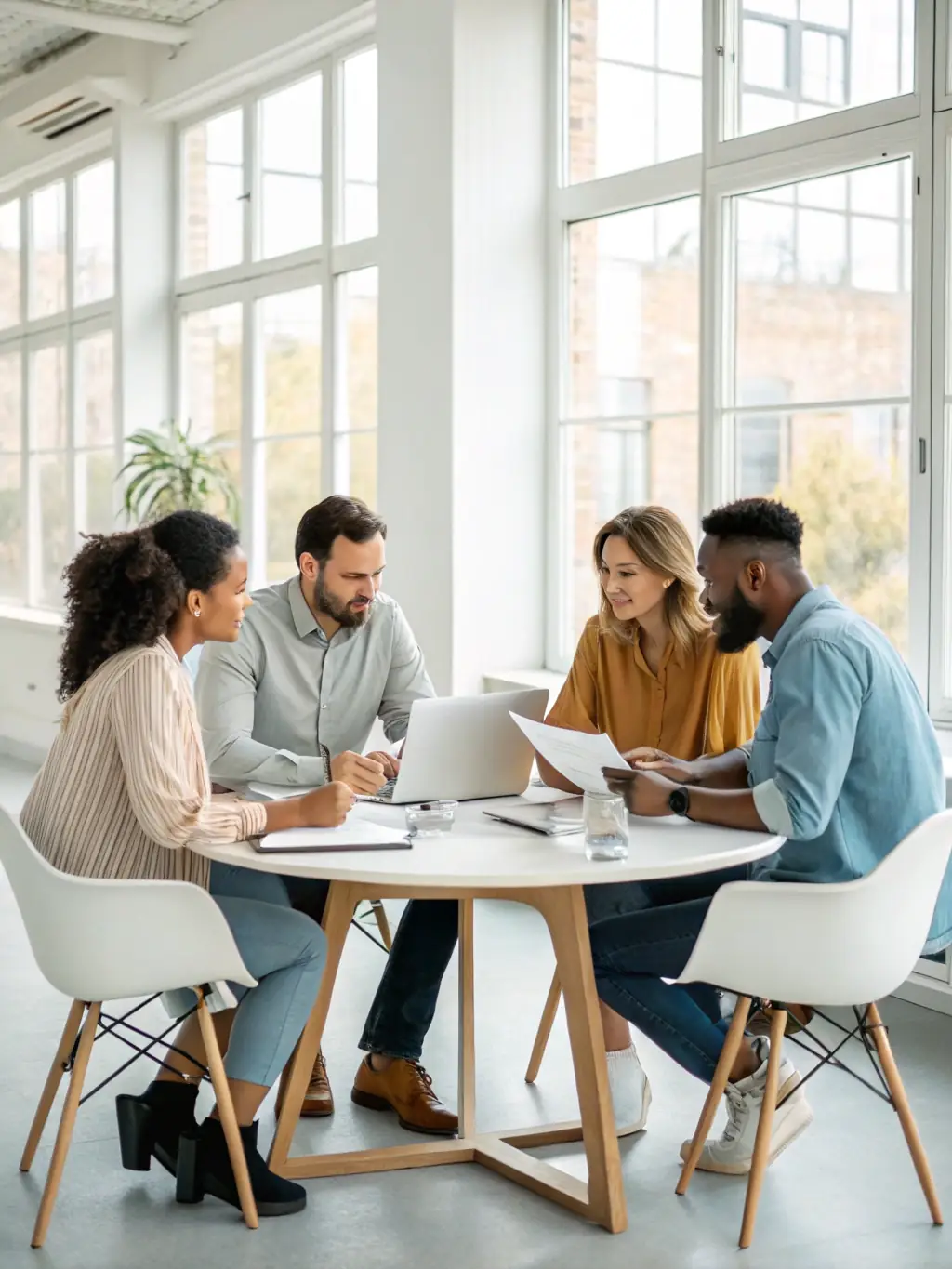 A diverse group of people sitting around a table, engaged in a calm and productive discussion, facilitated by a mediator. The setting is a modern, neutral office space, emphasizing collaboration and mutual respect.
