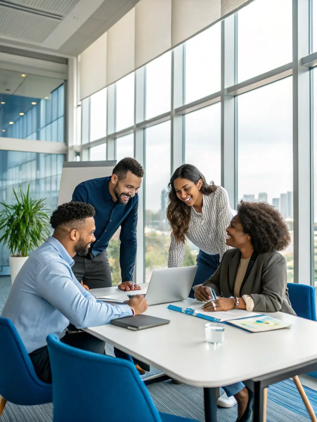 A diverse group of people in a workplace, engaged in a facilitated discussion, resolving a professional dispute with a mediator present.