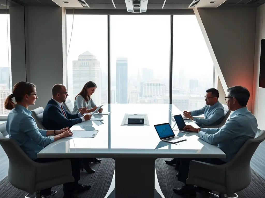 An image of business professionals engaged in a constructive mediation session in a modern conference room.