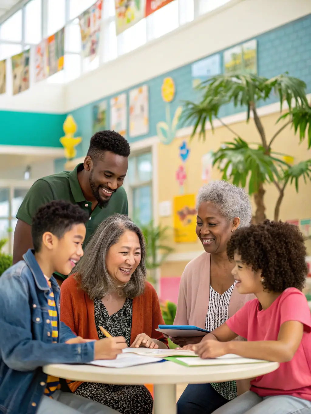 A diverse group of people gathered in a community center, engaged in a friendly discussion, illustrating community mediation.