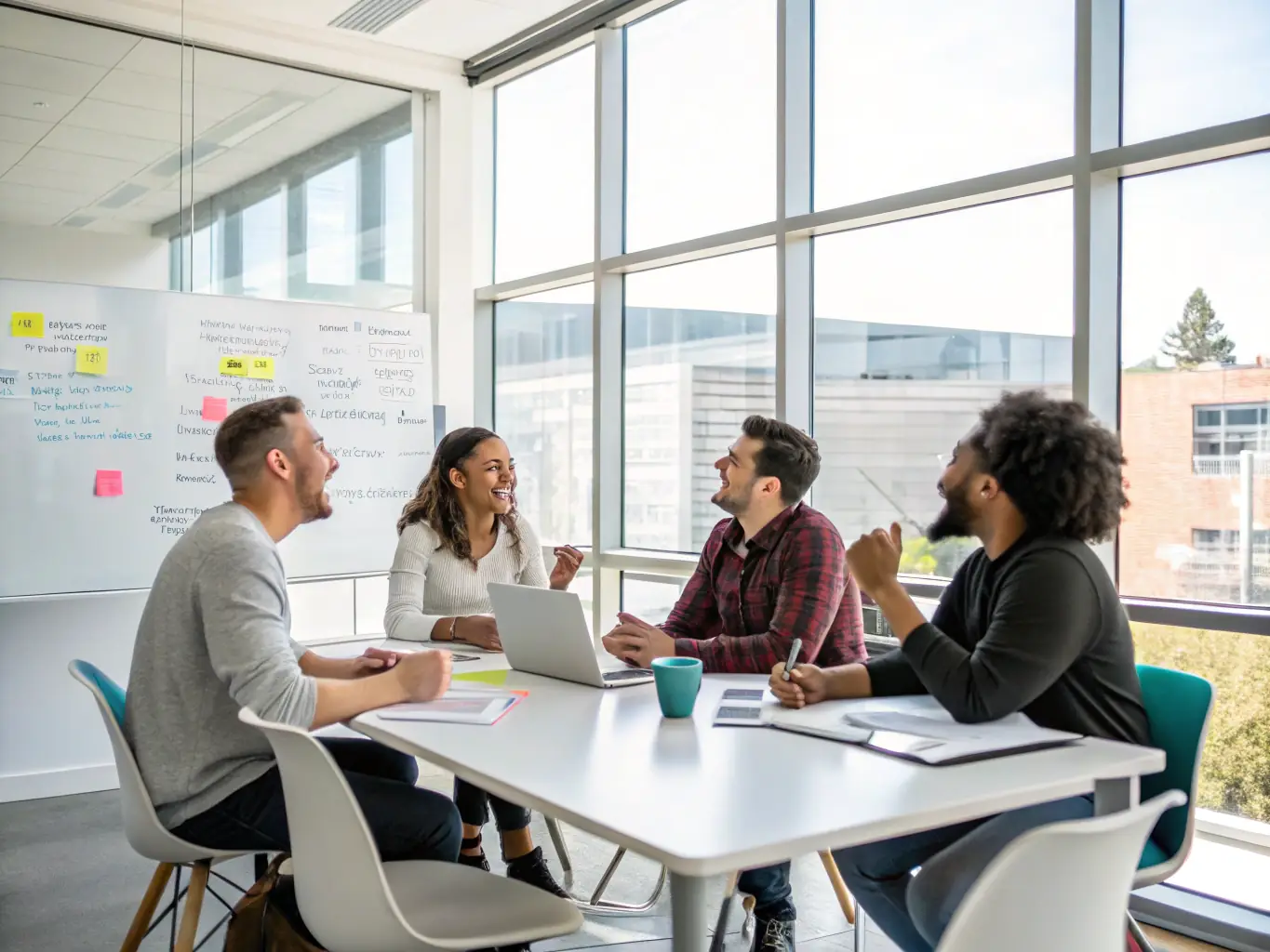 A diverse group of people sitting around a table, engaged in a calm and productive mediation session, facilitated by a professional mediator. The setting is a comfortable, neutral room with natural light.