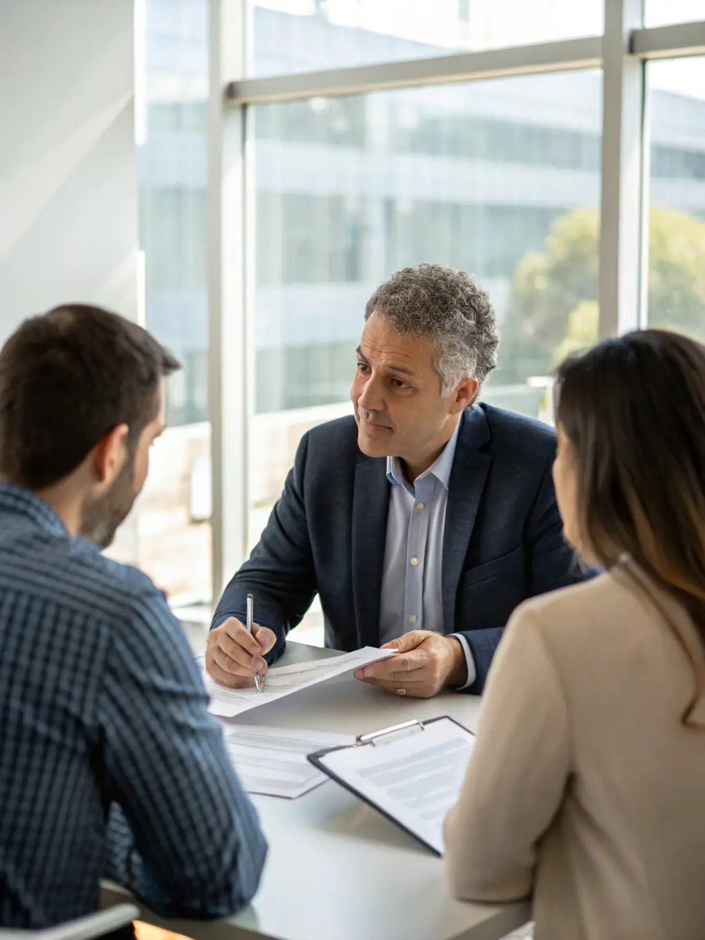 A modern office setting with employees in a mediation session, facilitated by a mediator, focusing on resolving workplace conflicts and improving communication.