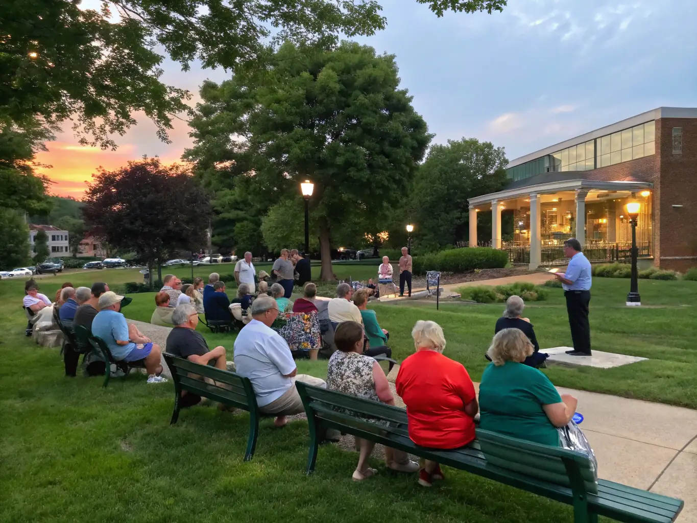 An image of diverse community members participating in a mediation session outdoors in a park, with a mediator guiding the discussion. The scene promotes community harmony and peaceful resolution.