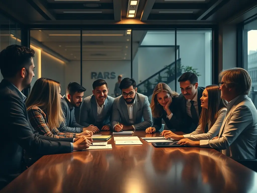 A group of professionals sitting around a conference table, engaged in a productive mediation session, highlighting the resolution of workplace conflicts.