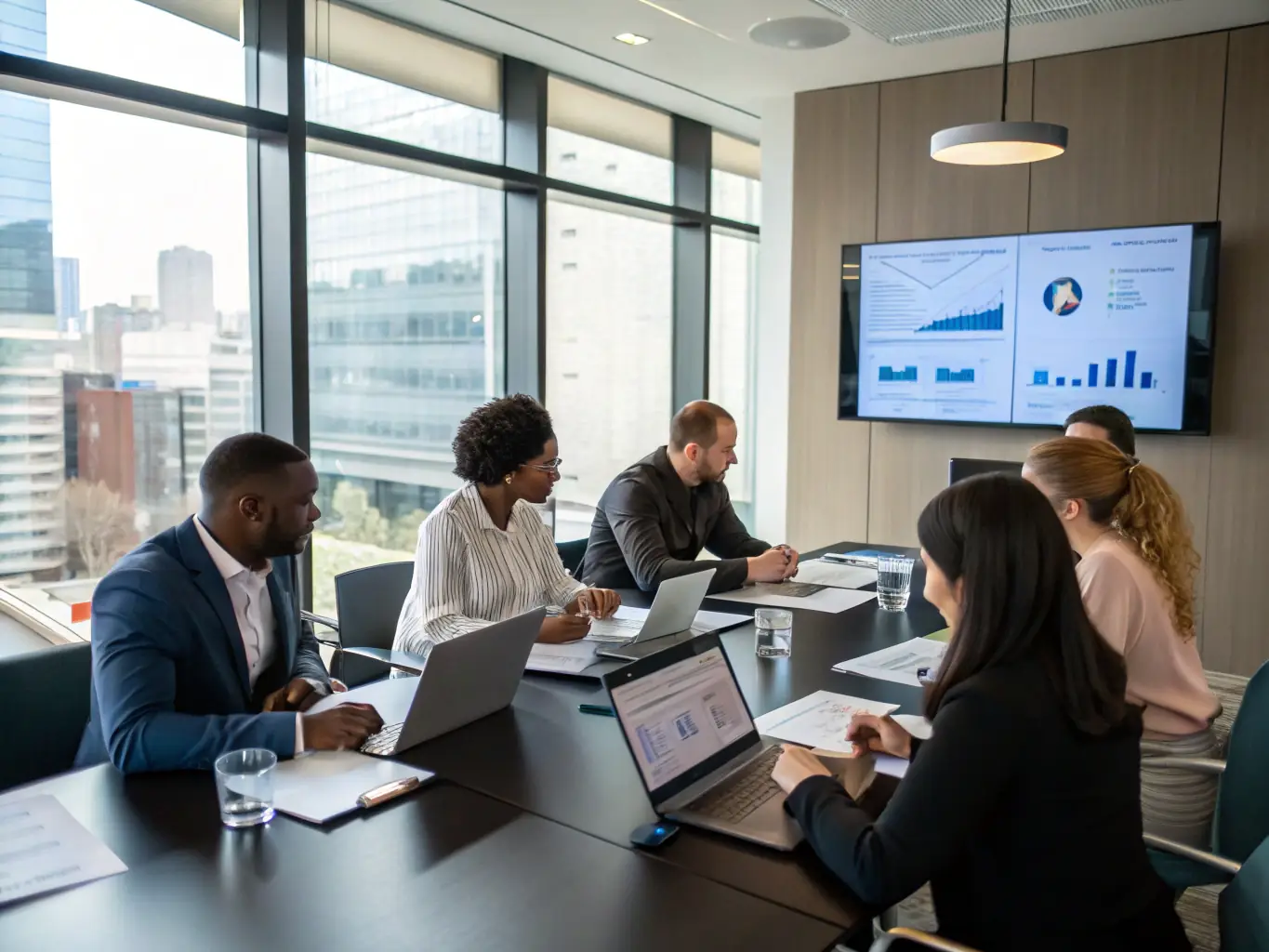 A mediator working with a group of organizational leaders around a conference table, symbolizing organizational challenge mediation.