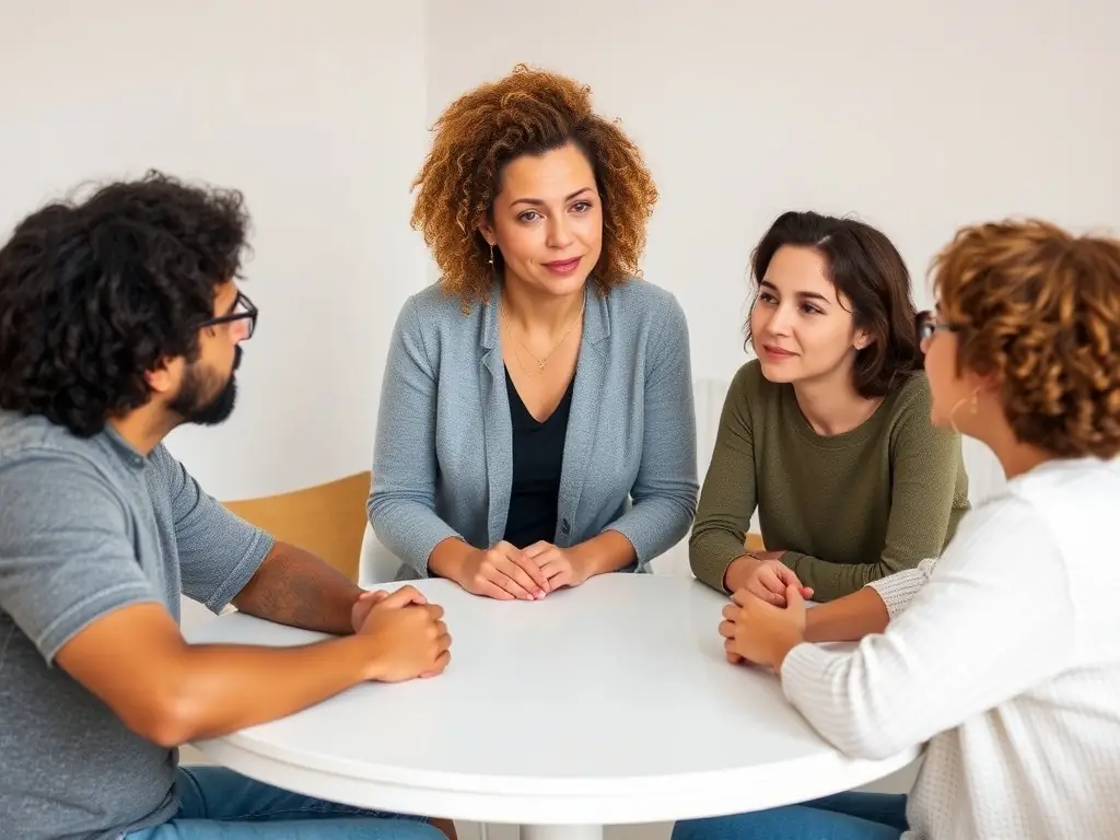 An image of a mediator facilitating a calm and respectful discussion between family members in a comfortable office setting.