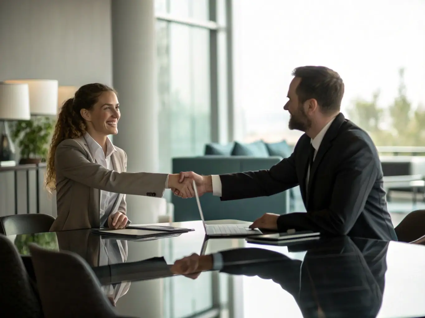 An image showing two business partners in a modern office setting, shaking hands after a successful mediation session, with a mediator smiling in the background. The image represents agreement and resolution in a business context.