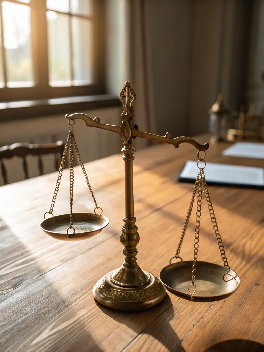 A scale balanced perfectly, symbolizing fairness and impartiality in the mediation process. The background is a neutral color to emphasize objectivity.