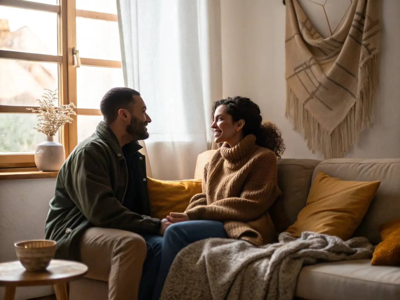 A mediator facilitating a calm and respectful conversation between two individuals in a comfortable setting, representing interpersonal dispute mediation.