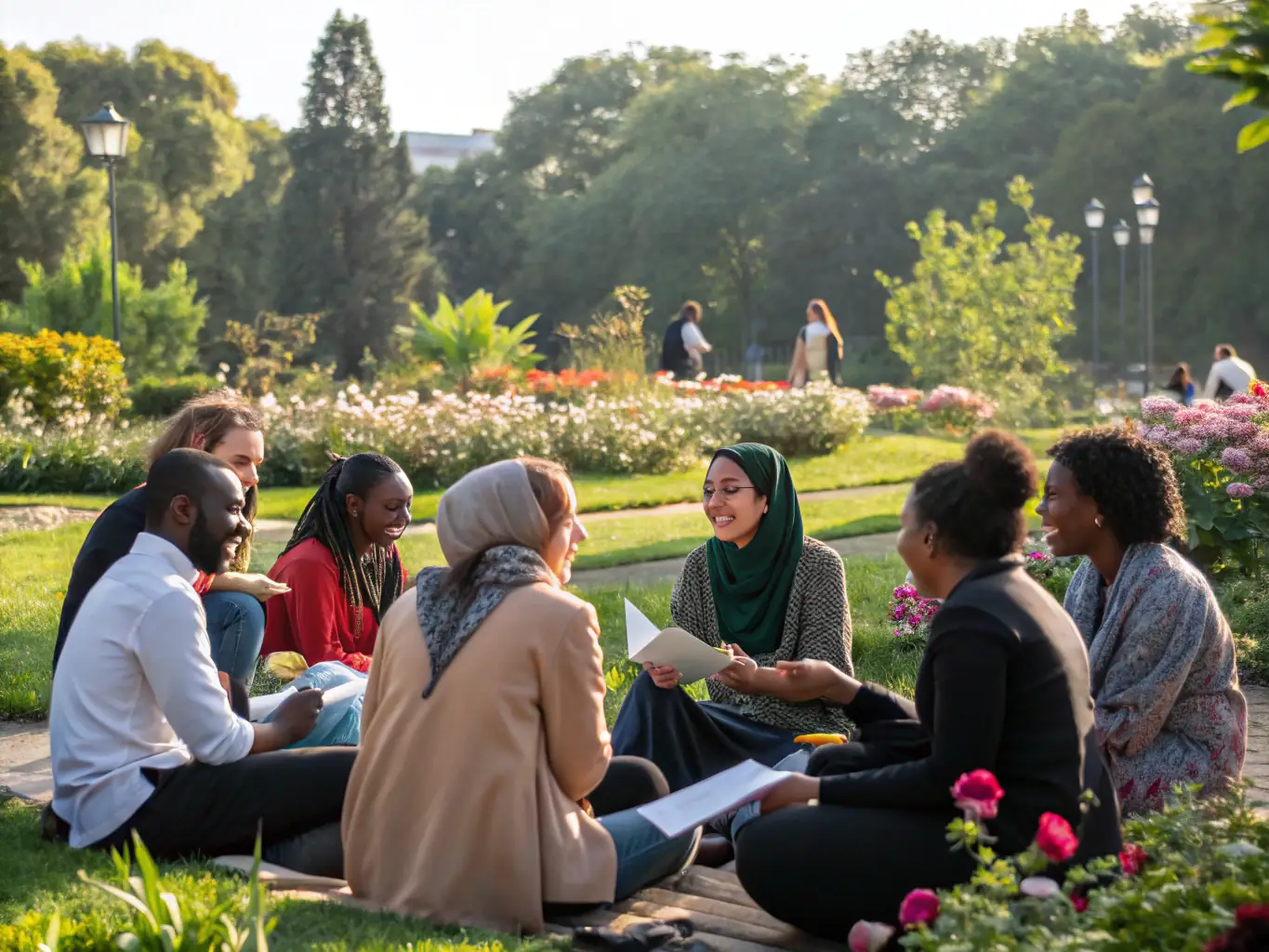 A diverse group of community members gathered in a public space, discussing local issues with a mediator. The scene emphasizes community harmony and cooperative problem-solving.