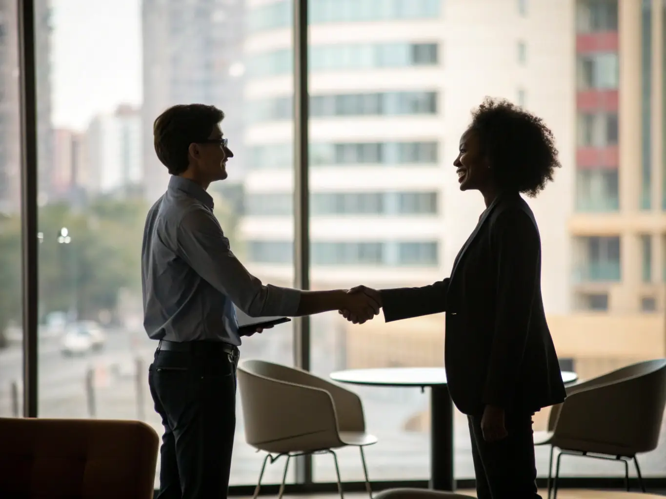 A mediator and two professionals shaking hands after a successful session in a modern office setting, representing Professional Dispute Mediation.