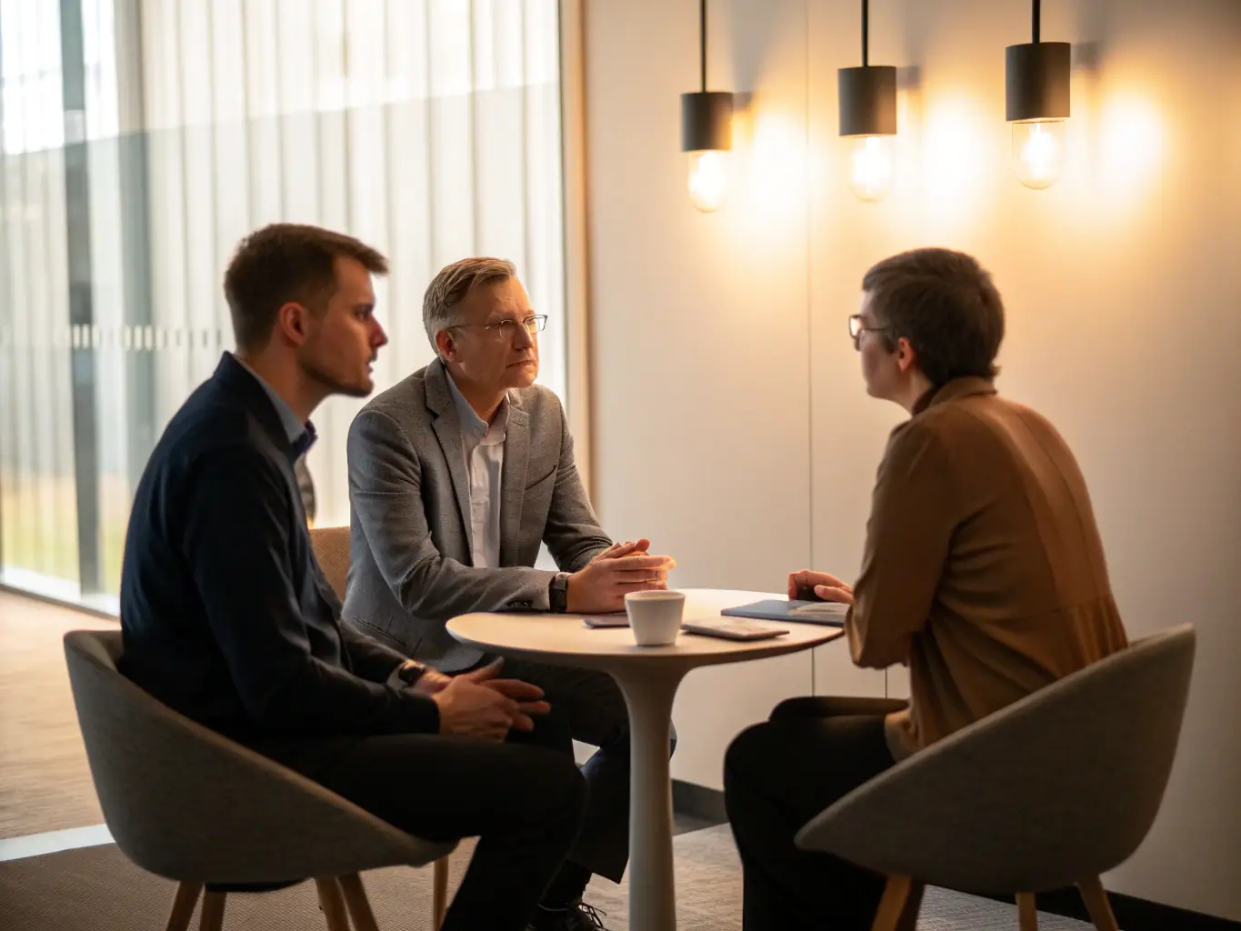 A mediator working with a group of organizational leaders around a conference table, representing organizational challenge mediation.