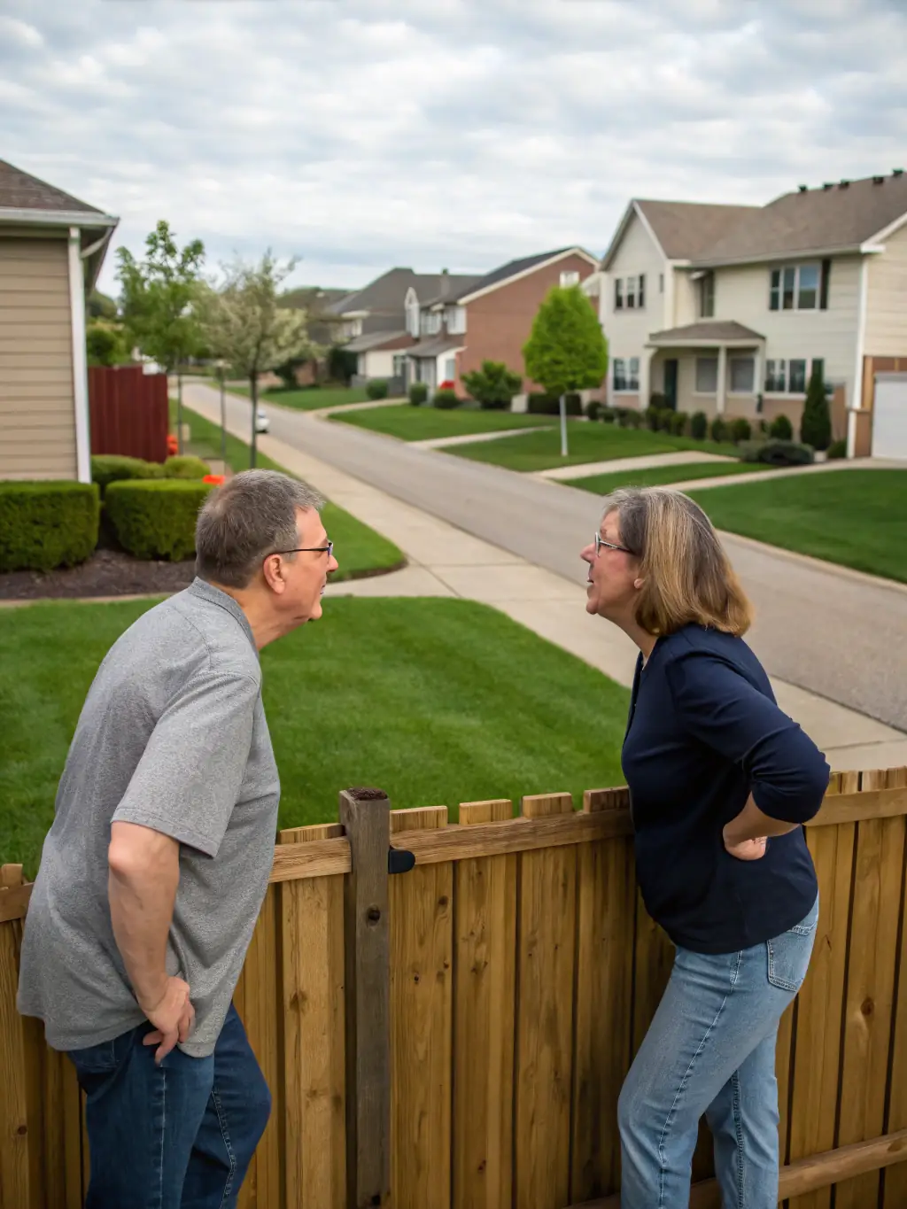 Two neighbors discussing a property line dispute in a friendly manner, with a mediator helping them find common ground.