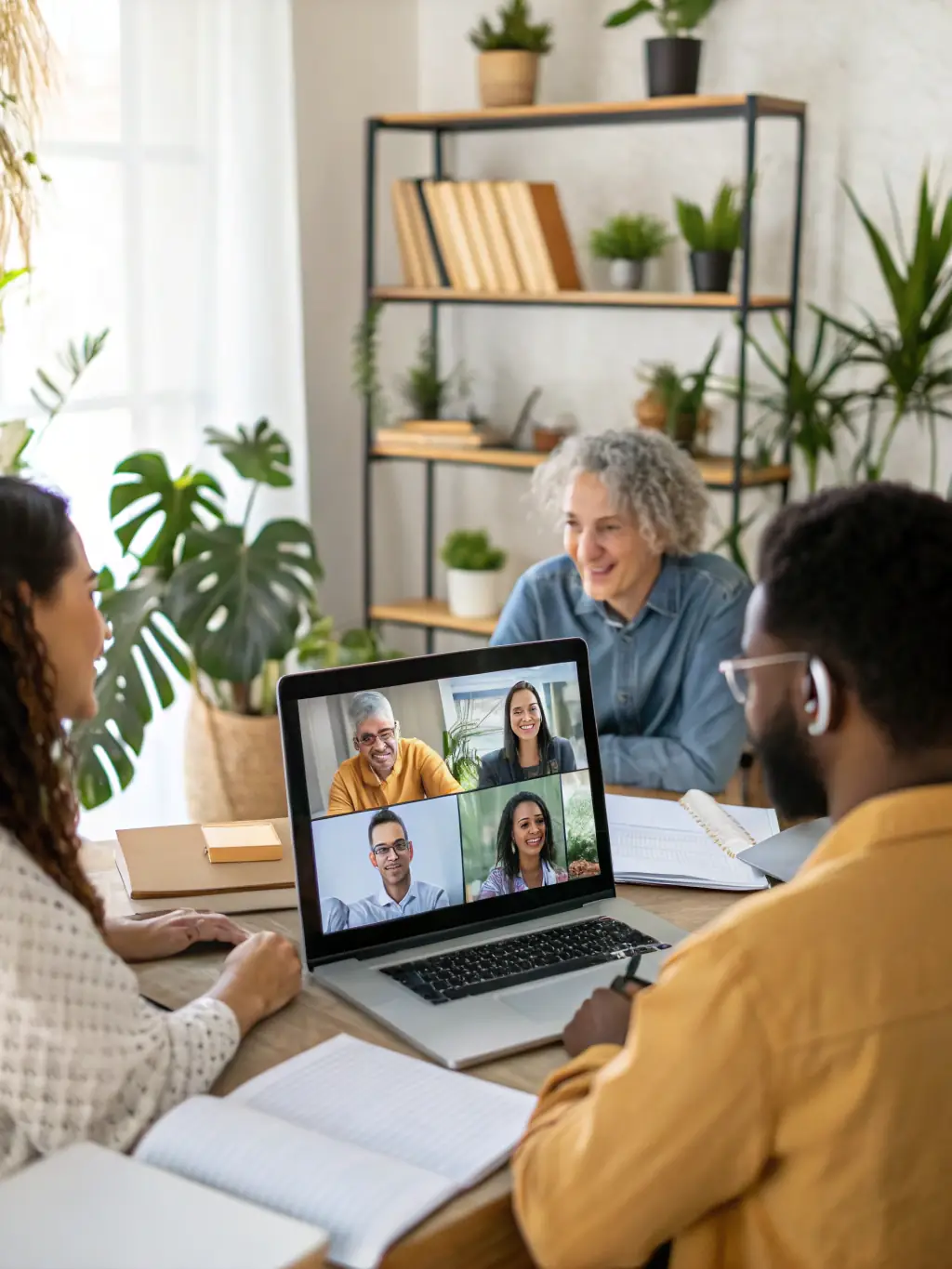 A diverse group of individuals participating in an online mediation session, using video conferencing to resolve disputes remotely, facilitated by a mediator.