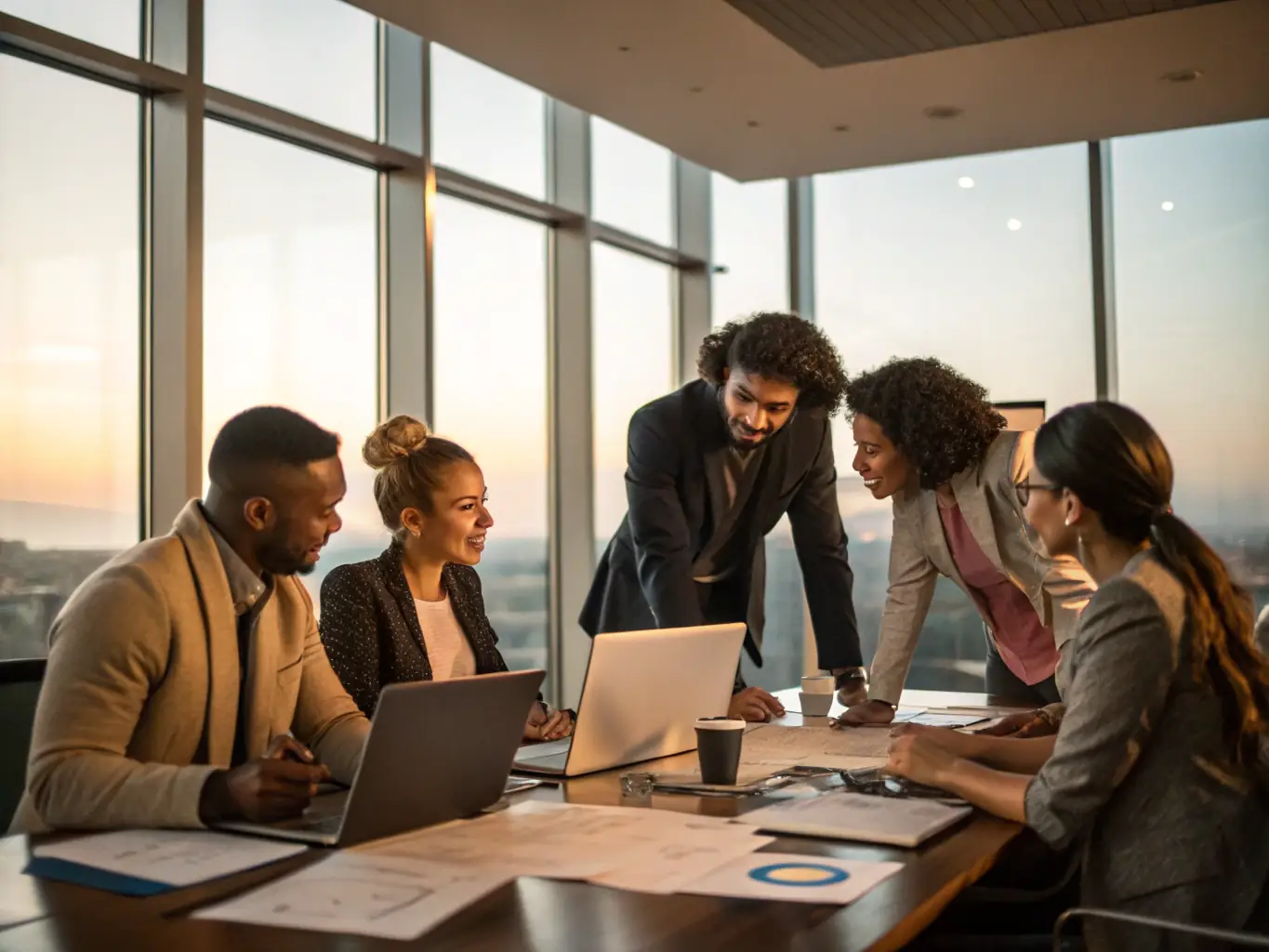 A professional setting showing colleagues in a meeting room, with a mediator present, facilitating a discussion about workplace issues. The atmosphere is collaborative and focused on problem-solving.