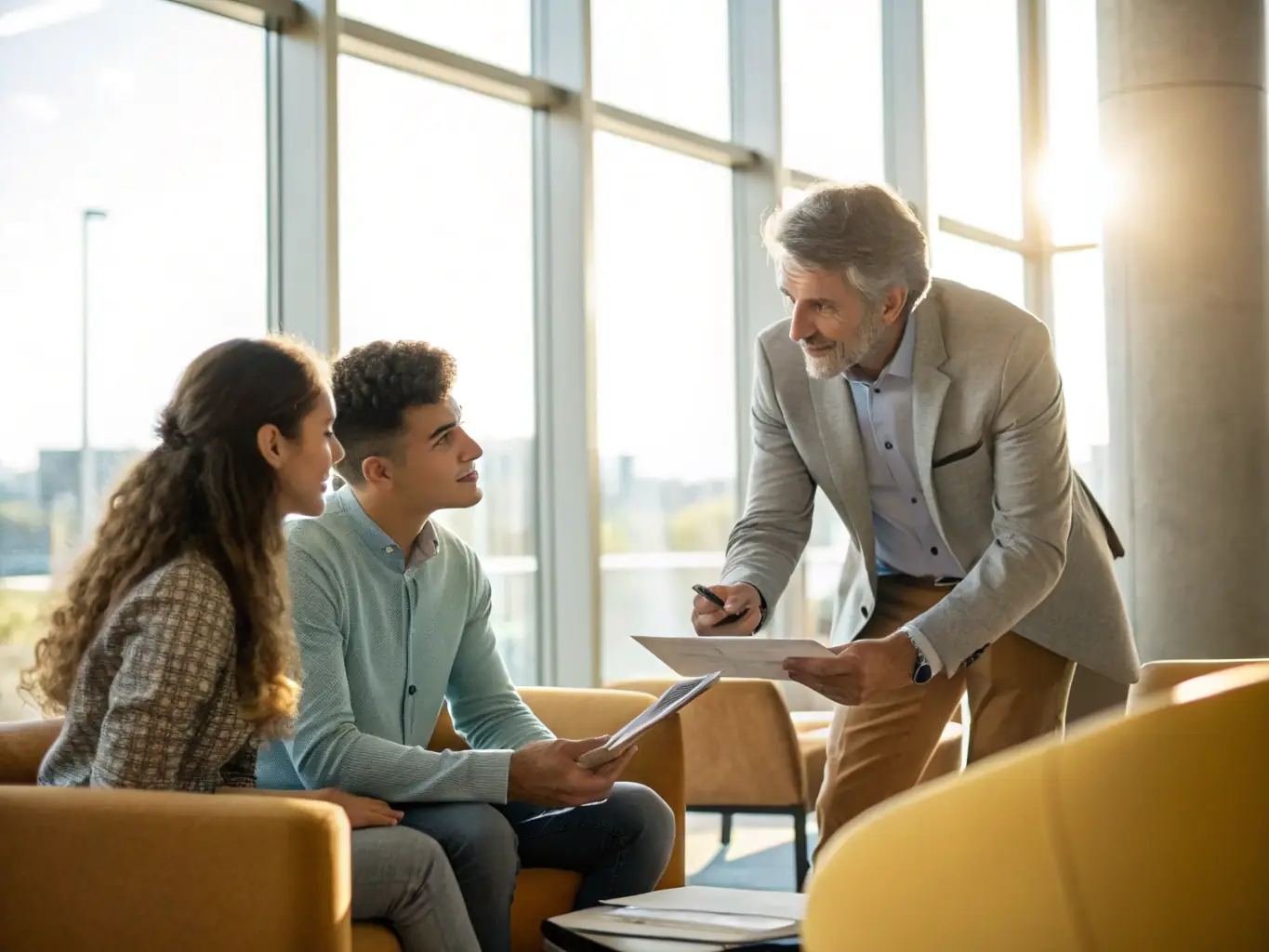 A mediator facilitating a discussion between two individuals in a brightly lit, modern office setting, emphasizing collaboration and understanding.