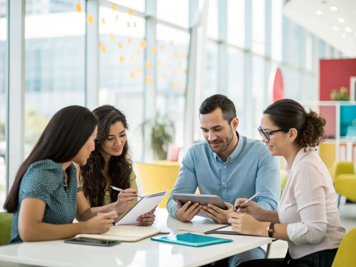 A professional mediator facilitating a discussion among colleagues in a corporate office setting, representing workplace conflict resolution.