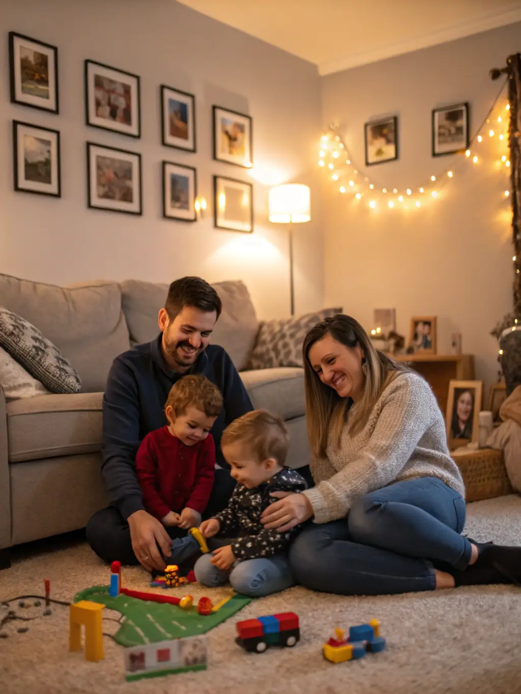 A family smiling and embracing, symbolizing the preservation of relationships through mediation. The setting is warm and inviting, suggesting a positive resolution.